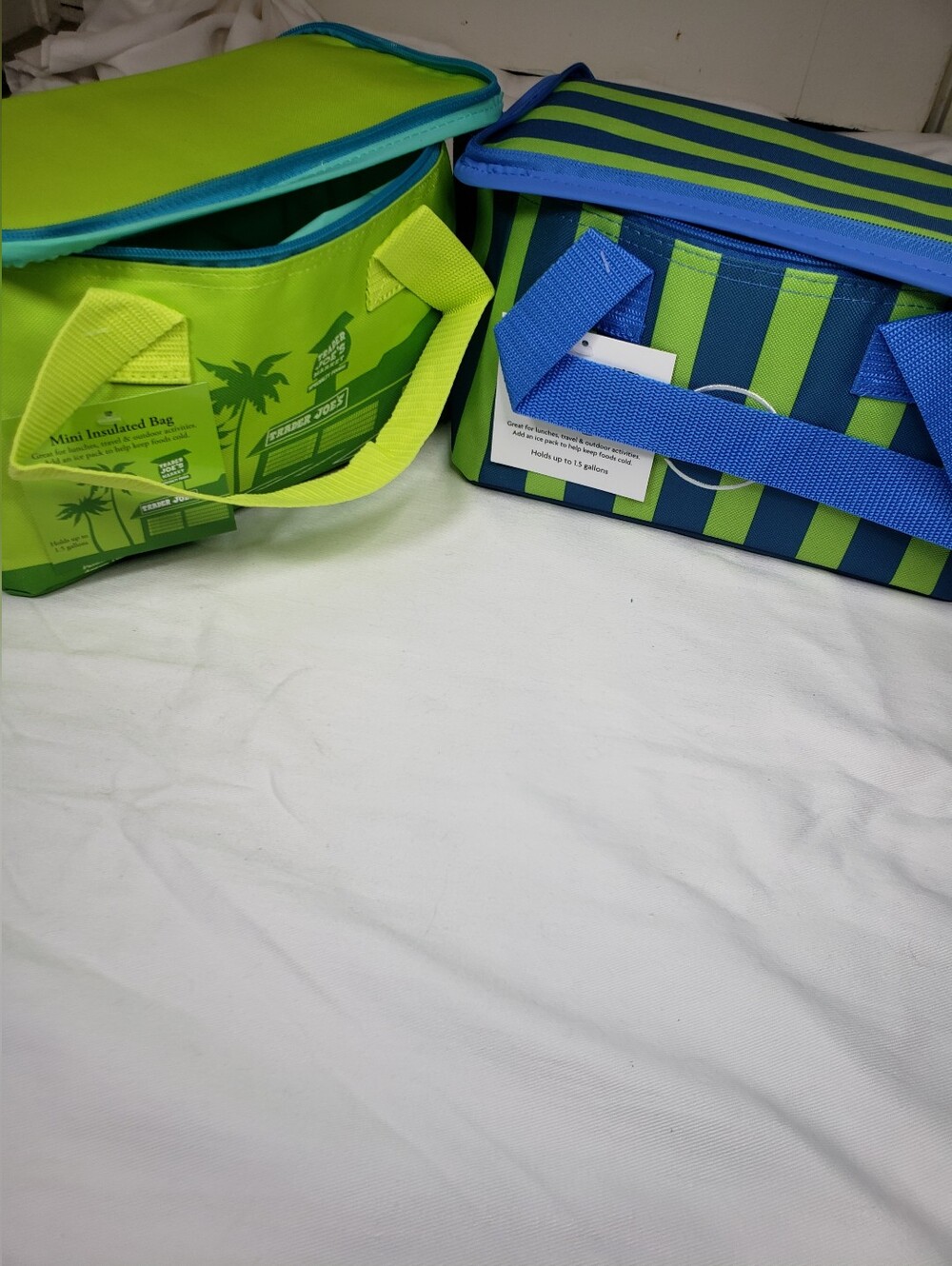 Trader Joe's Mini Insulated Bag Set 2pc Striped Blue Green Reusable Lunch Tote